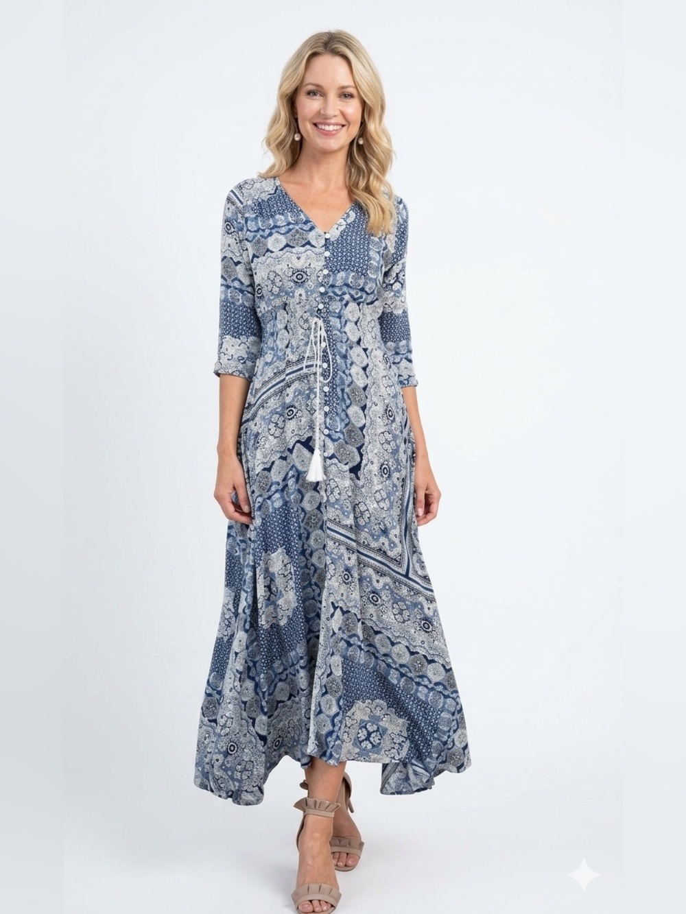 Simple Blue Patterned Maxi Dress with Tie Waist